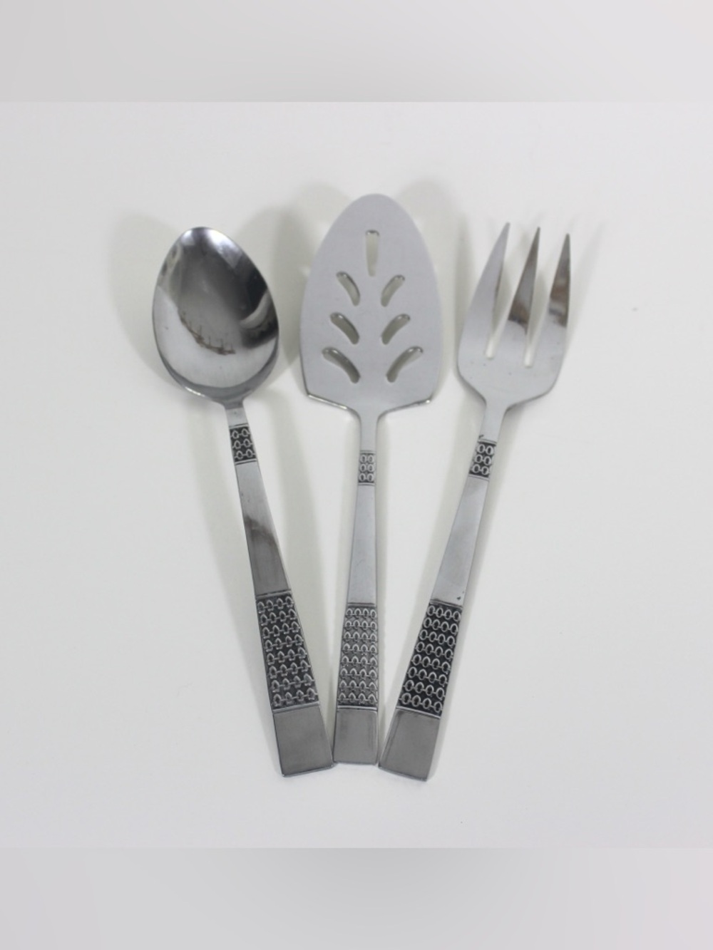 Mid Century Modern Stainless Serving Set Spoon, Fork, Lifter, Set of Three Aztec